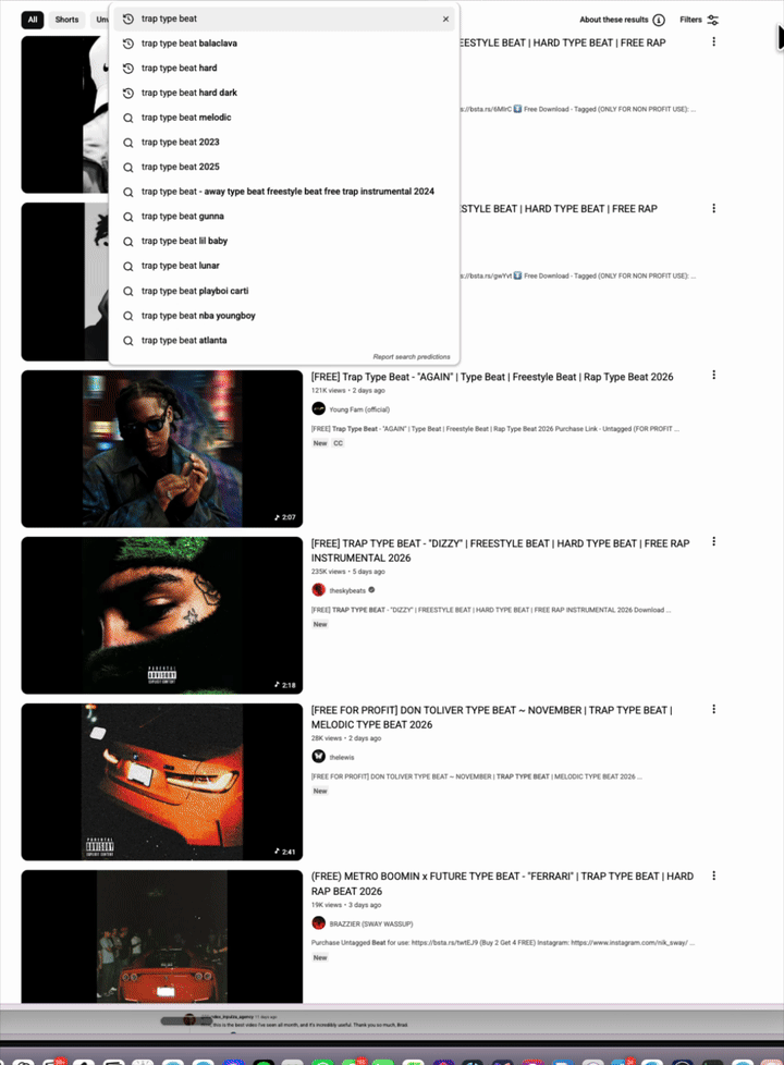 YouTube search results for 'type beat' — every thumbnail uses the black-bars format